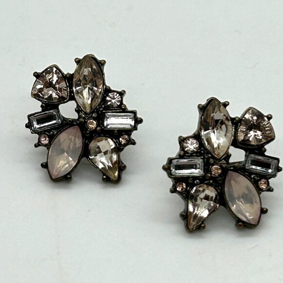 Rhinestone Floral Stud Earrings, BaubleBar Pink & Clear Gun Metal Tone Pierced - Picture 1 of 13